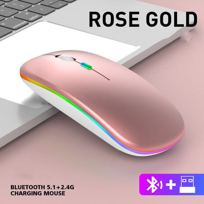 Rose gold wireless mouse on a desk with keyboard, labeled 'Rose Gold' and 'Bluetooth 5.1 + 2.4G Charging Mouse'.