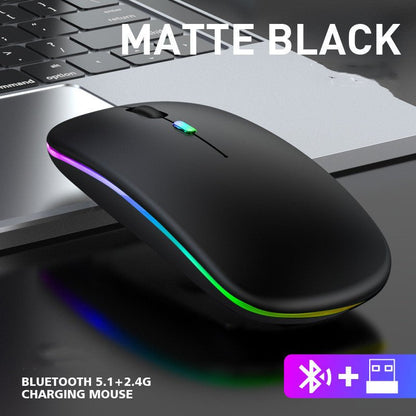 Black wireless mouse with RGB lighting on a desk with keyboard, labeled 'Matte Black'.