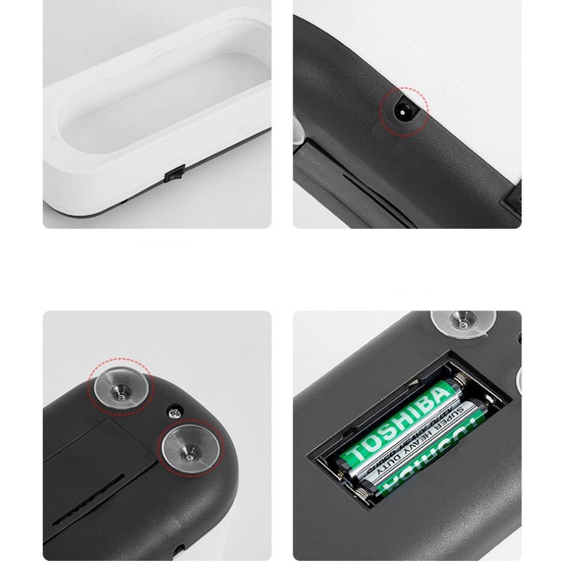 Close-up details of a Toshiba product with screws and internal components.