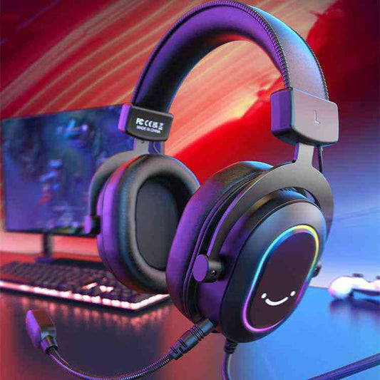 USB Gaming Headset with RGB lighting in front of a computer setup