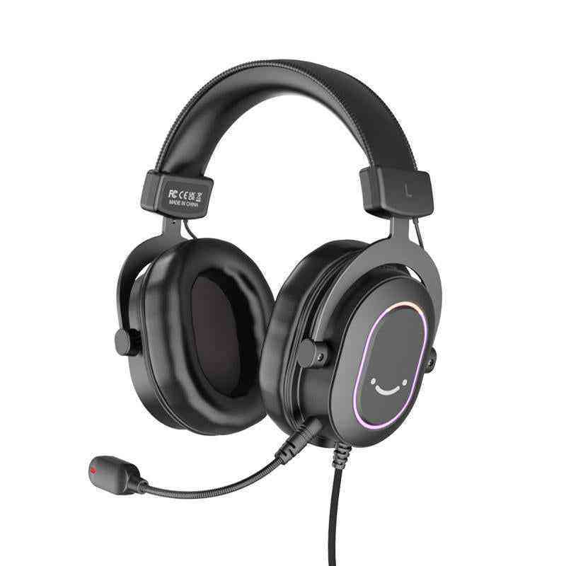 Black gaming headset with microphone on a white background