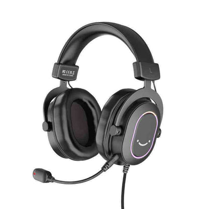 Black gaming headset with microphone on a white background