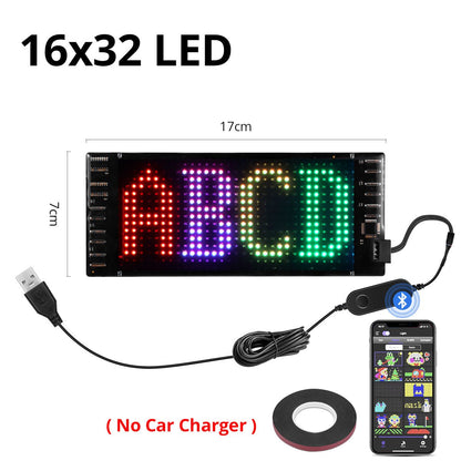 16x32 LED display with USB cable, smartphone app, and dimensions on a white background