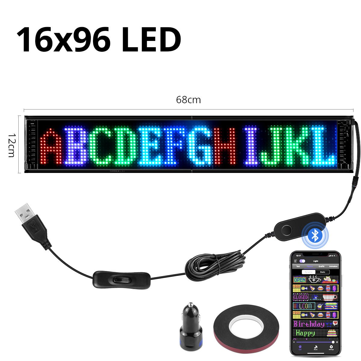 LED display board with USB cable, car charger, and smartphone app for text input on a white background.