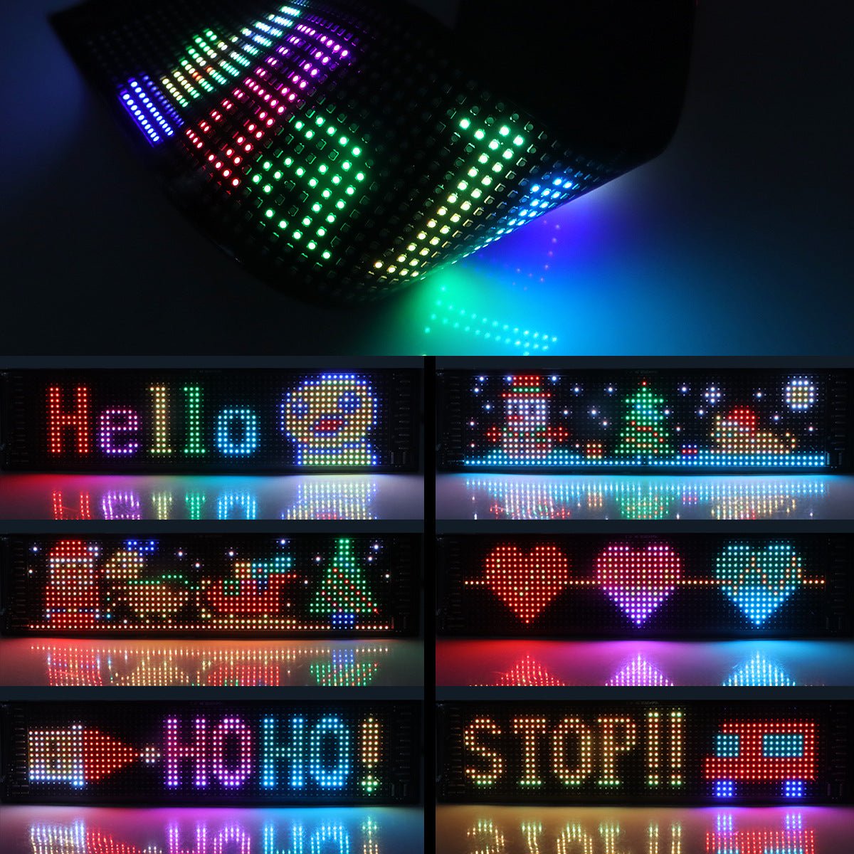 LED display panel with various colorful text and symbols on a dark background