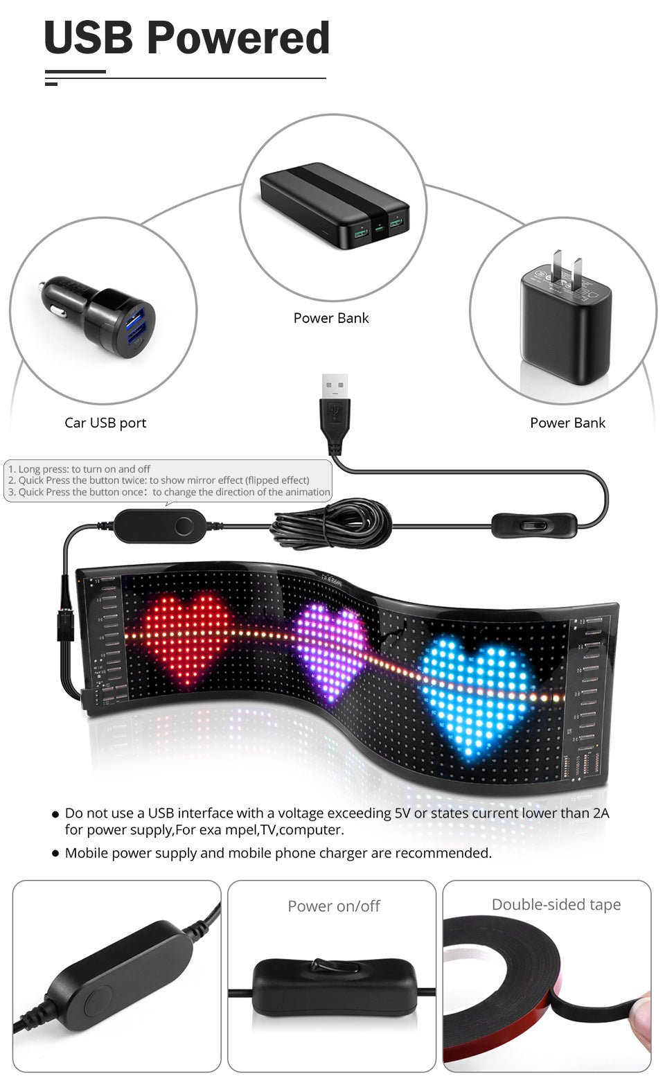 LED display with heart shapes and USB power connection diagram