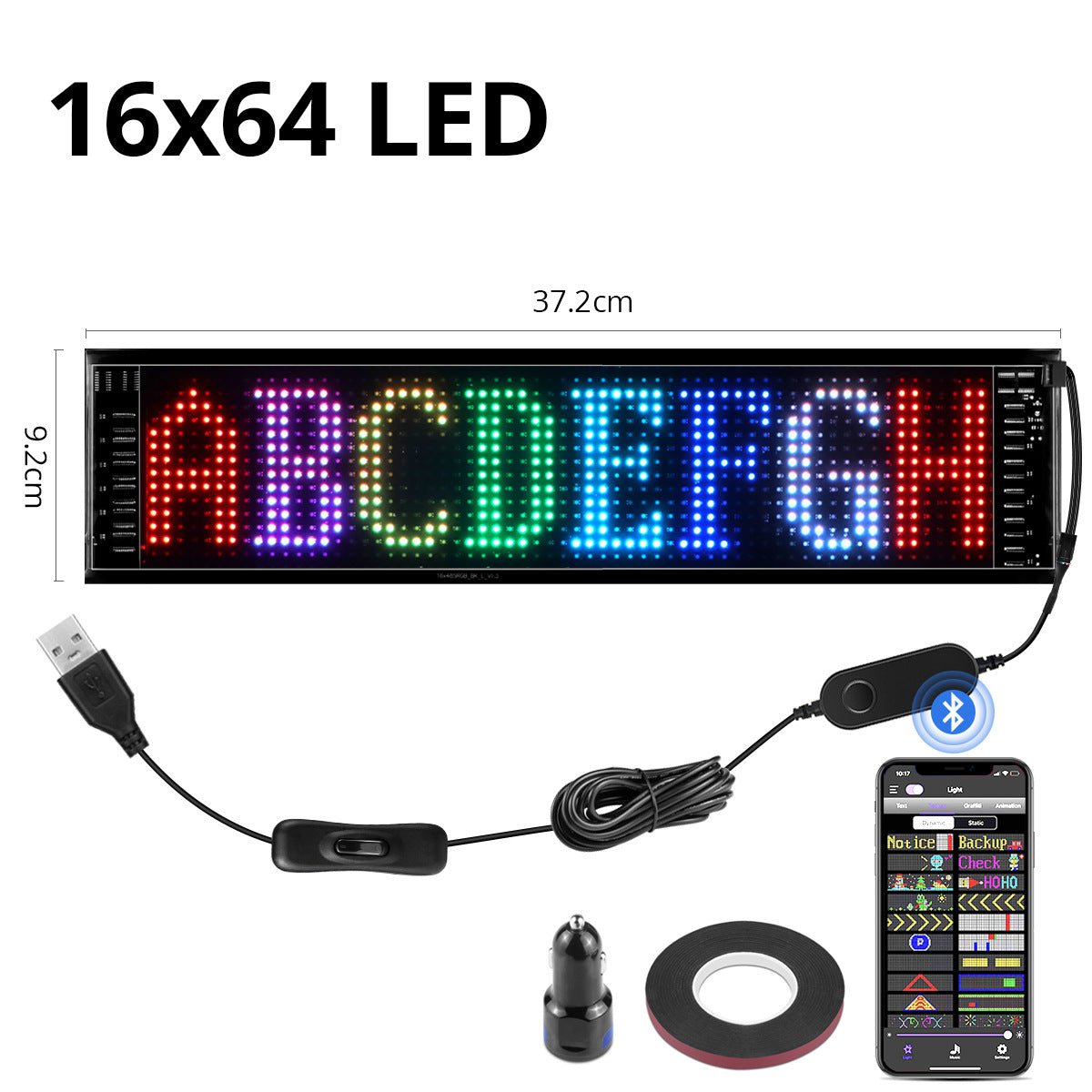 LED display with USB cable, power adapter, and smartphone app on a white background