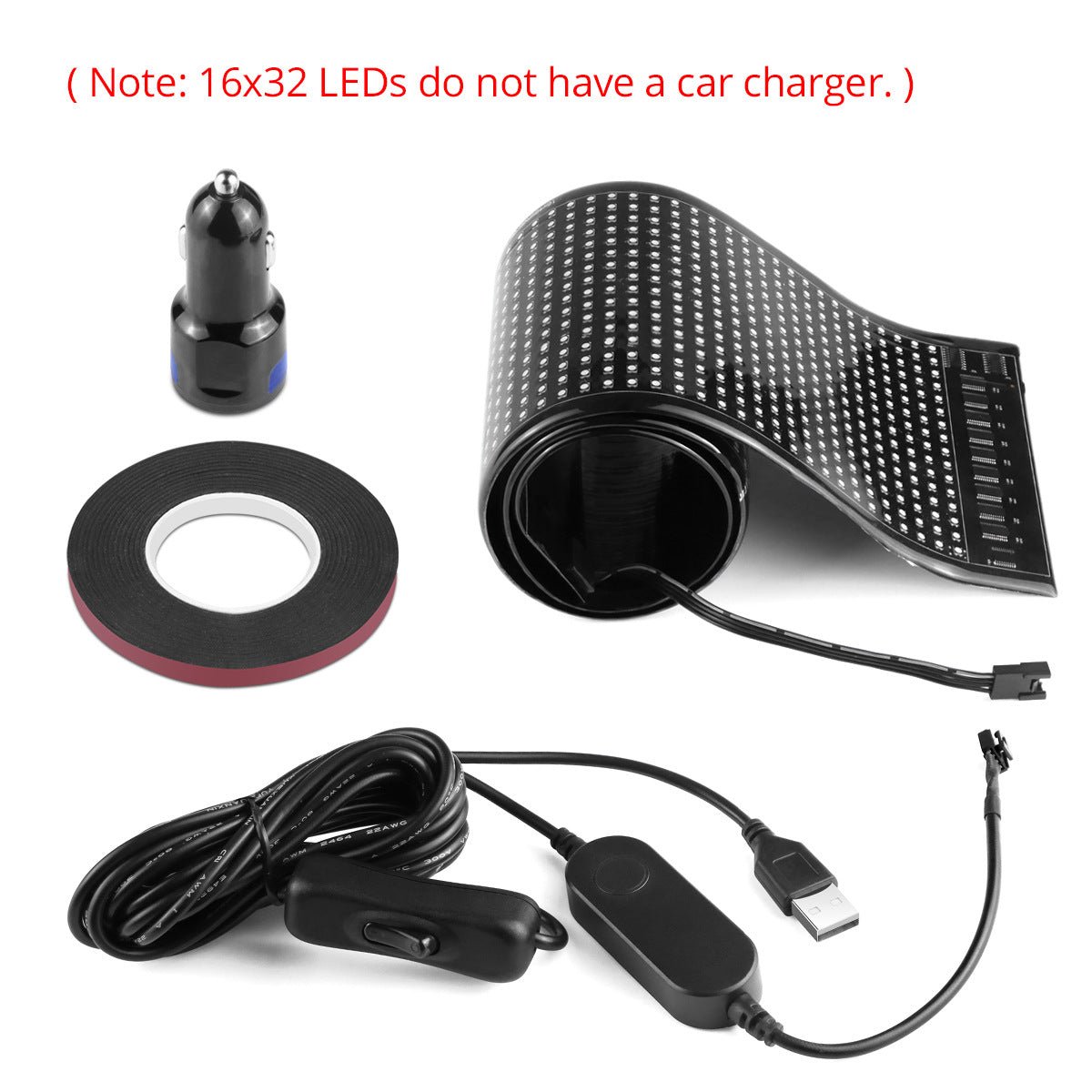 LED strip kit with car charger, adhesive tape, and control unit on a white background.