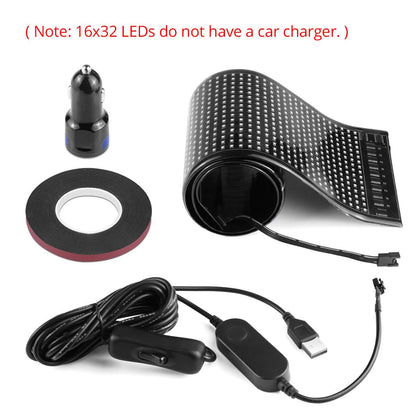 LED strip kit with car charger, adhesive tape, and control unit on a white background.
