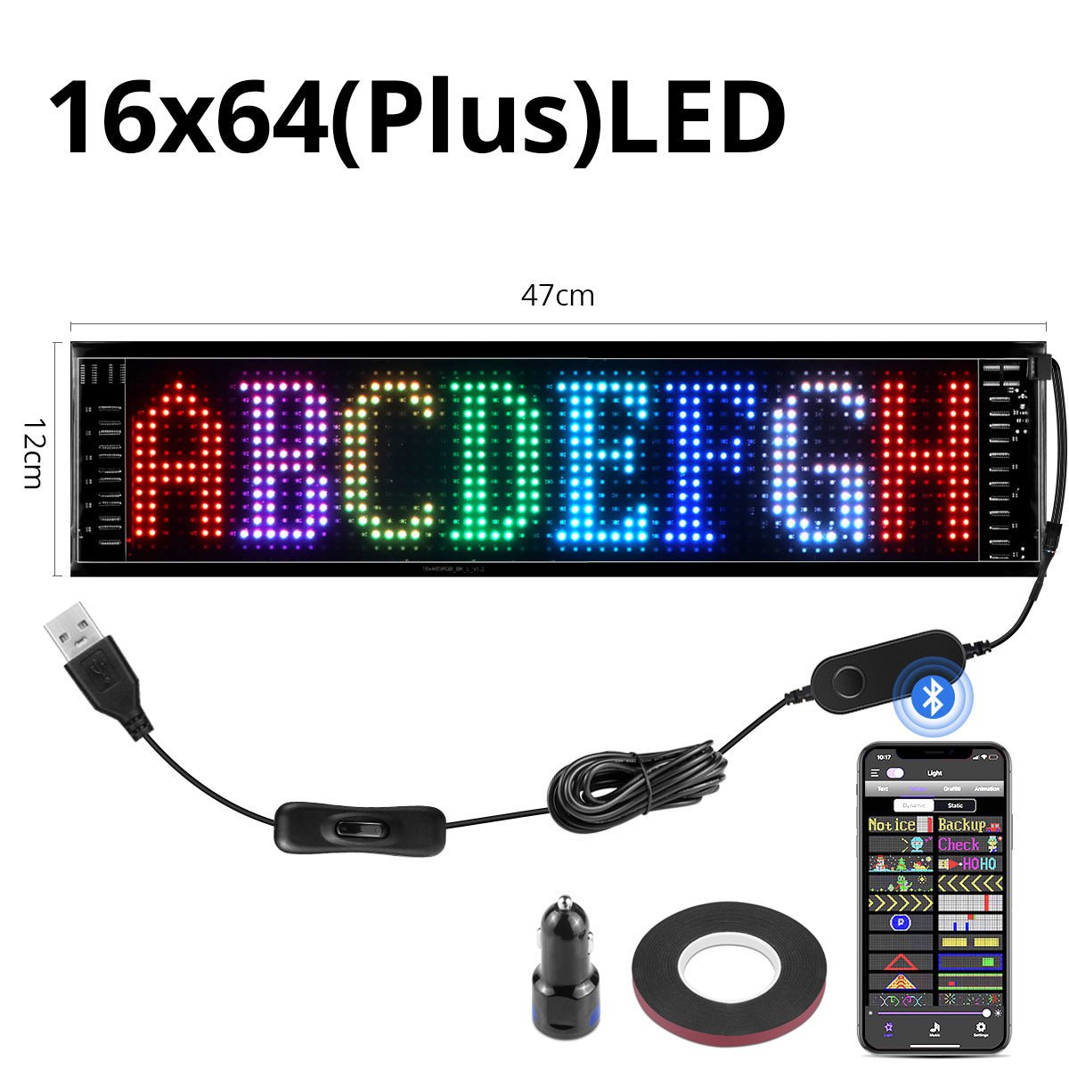 LED display board with USB cable, power adapter, and smartphone app on a white background