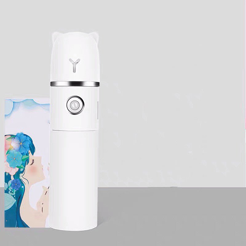 White spray bottle with a brand logo on a gray background