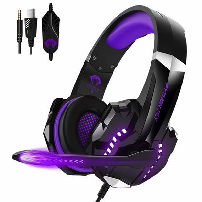 Gaming headset with purple accents and microphone on a white background