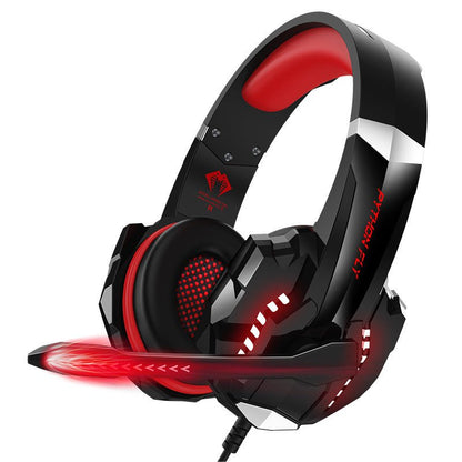 Black and red gaming headset with LED lights on a white background