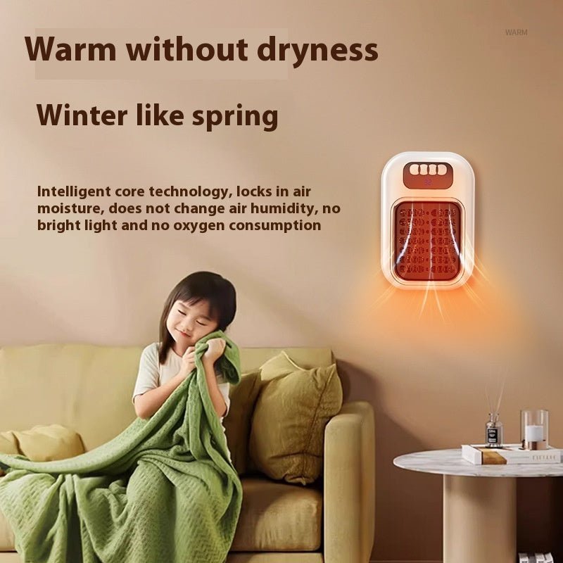 Person wrapped in a blanket next to a wall mounted heater with text about its benefits.