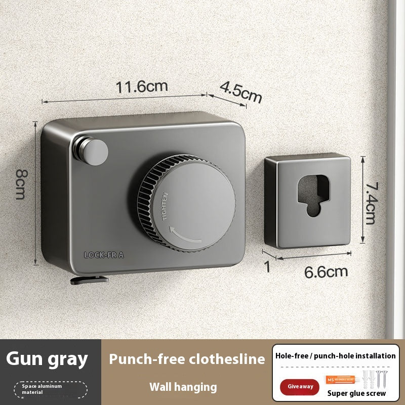 Gray wall-mounted clothesline with dimensions and installation details on a light gray background
