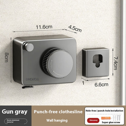 Gray wall-mounted clothesline with dimensions and installation details on a light gray background