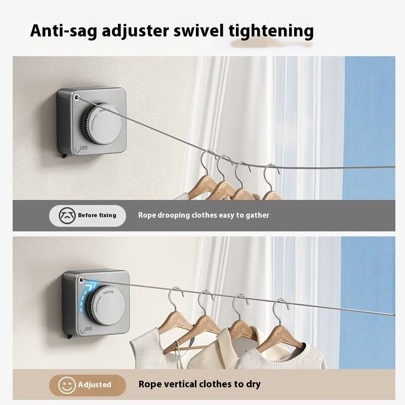 Anti-sag adjuster swivel tightening device on a wall with clothes hanging below, showing before and after effects.