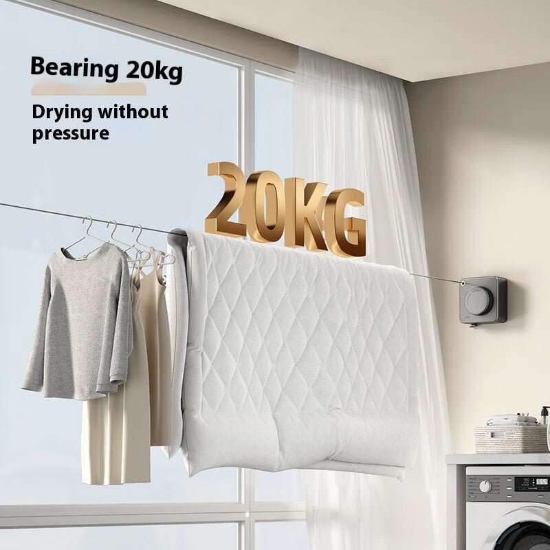 Drying rack with clothes and '20KG' label next to a window