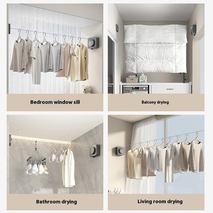 Collage of four different drying scenarios using a clothesline with various text labels.