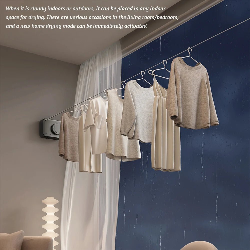 Clothes hanging on a drying rack against a blue wall with text describing its use.