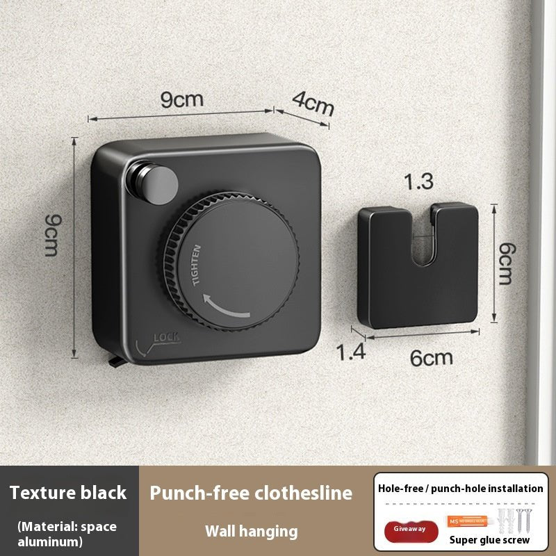 Black wall-mounted clothesline with dimensions and installation details on a textured gray background