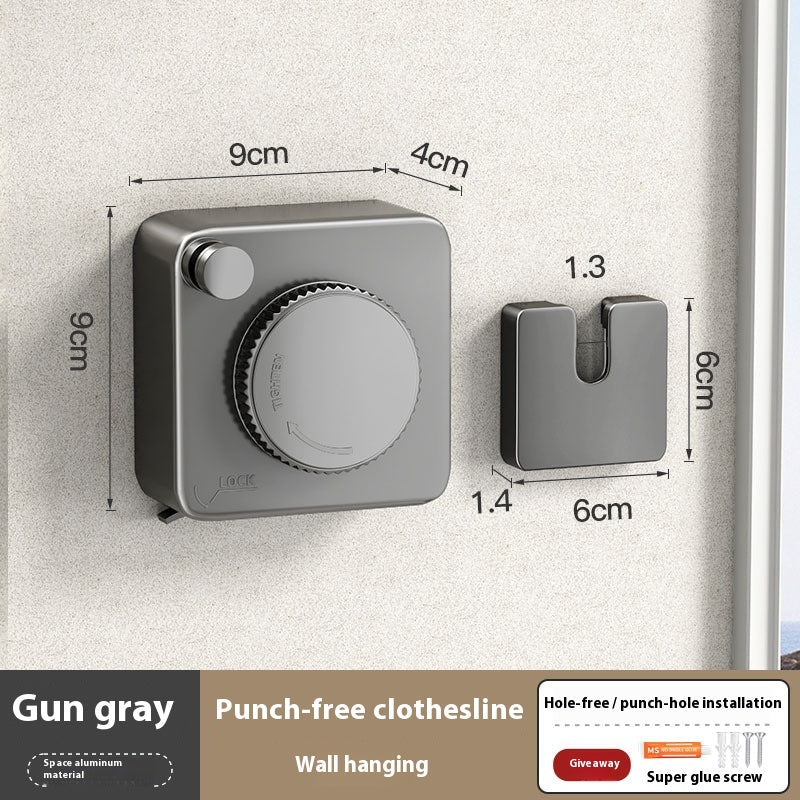 Gray wall-mounted clothesline with dimensions and installation details on a light gray background