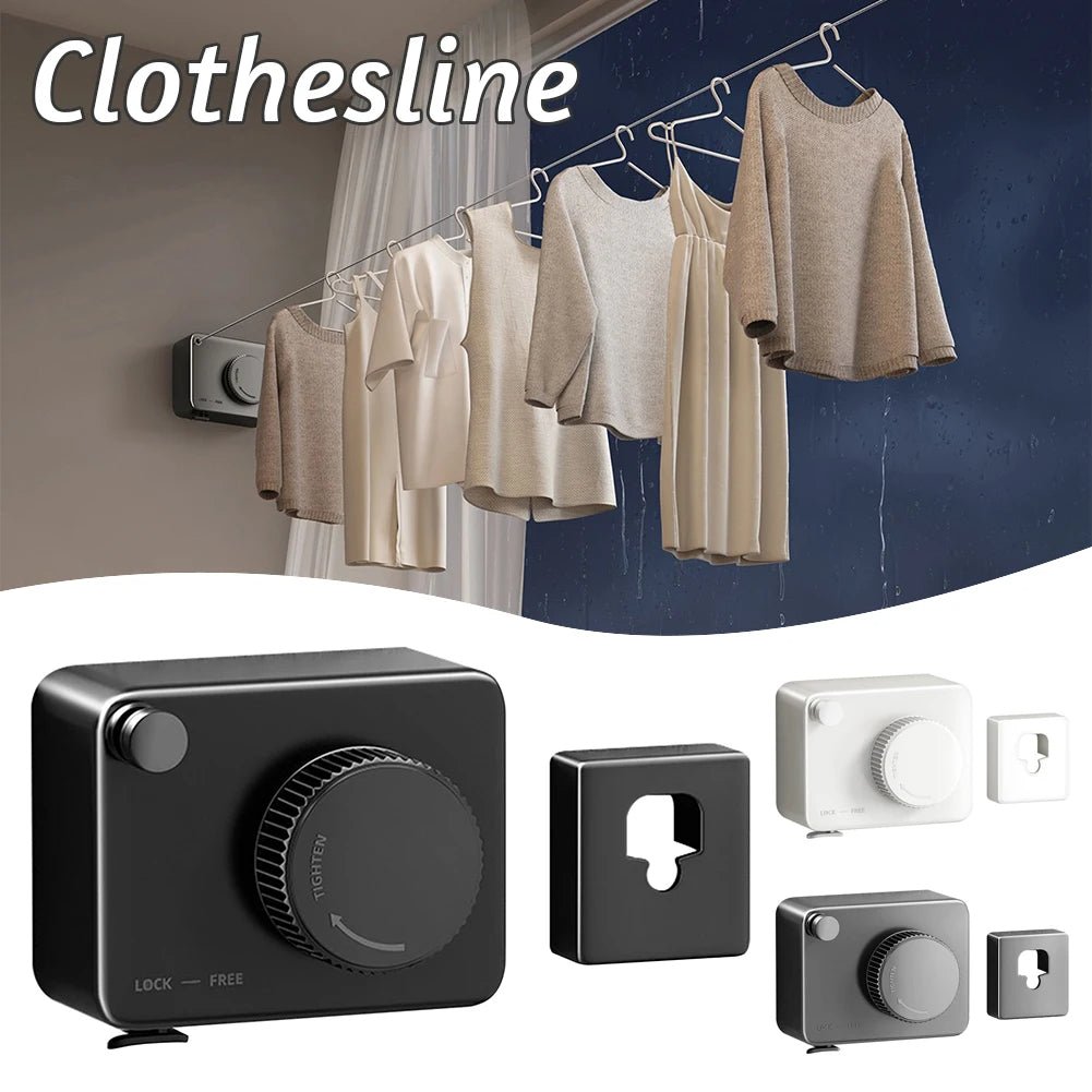 Clothesline with hanging clothes and clothesline hardware components on a white background