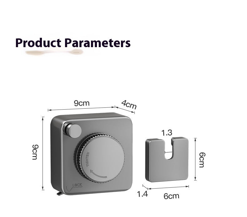 Product parameters diagram showing a square metallic device with a round dial and a small matching stand, with labeled dimensions including 9cm, 4cm, 9cm, 1.3cm, 6cm, and 1.