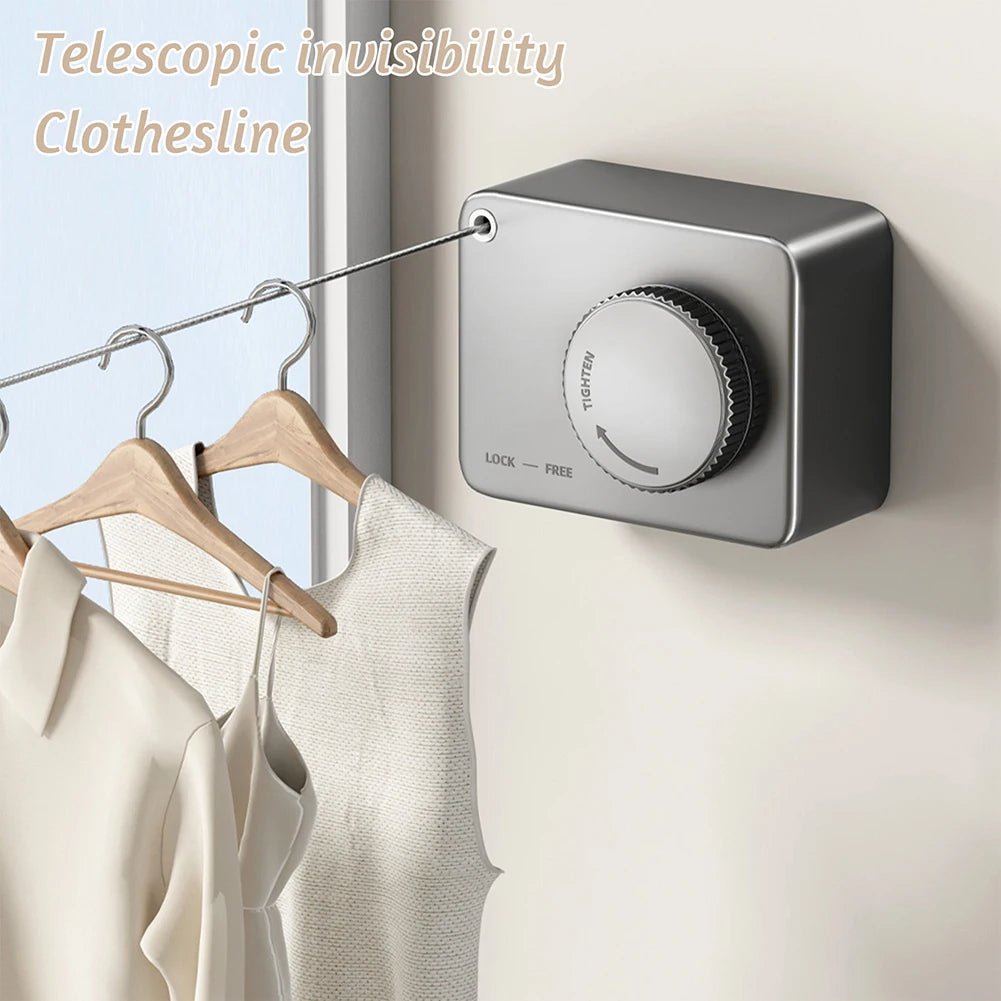 Telescopic invisibility clothesline with a wall-mounted device and clothes hanging on it.
