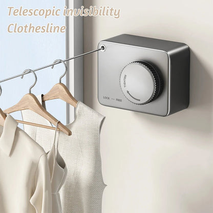 Telescopic invisibility clothesline with a wall-mounted device and clothes hanging on it.
