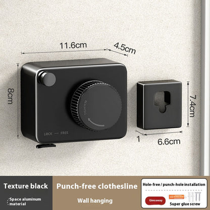 Black wall-mounted clothesline with dimensions and installation details on a light gray background