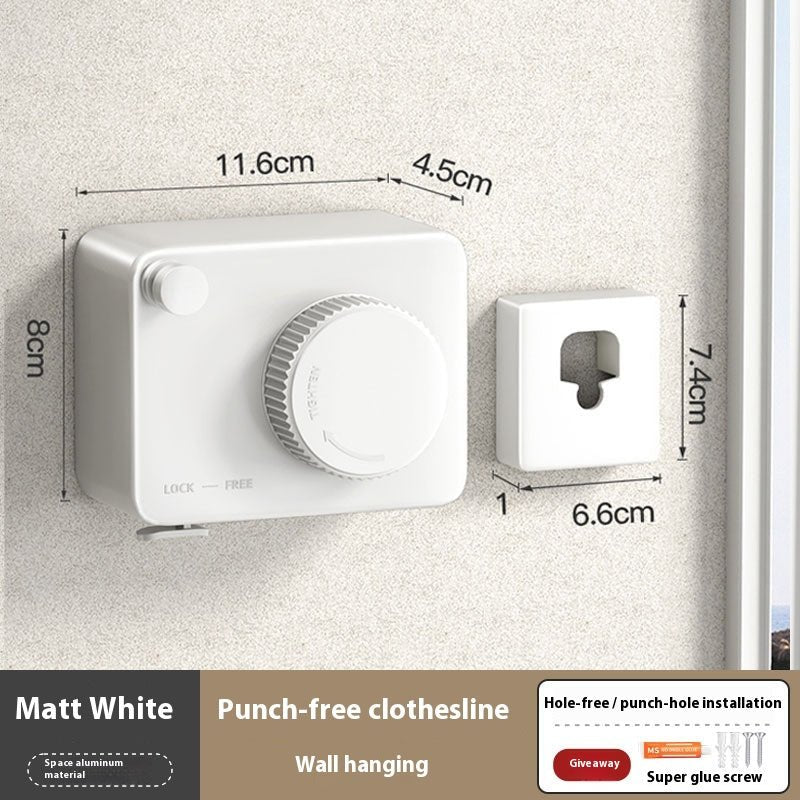 Matt white punch-free clothesline with dimensions and installation details on a neutral background