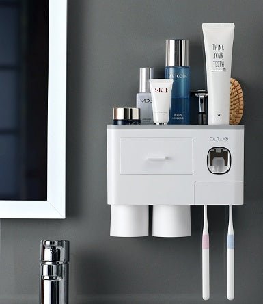 Wall - Mounted Toothbrush Holder with Cups - Bathroom Storage Organizer Rack - TechTronic