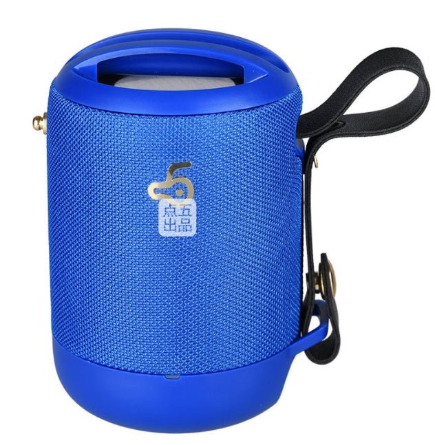 Blue portable speaker with a strap on a white background