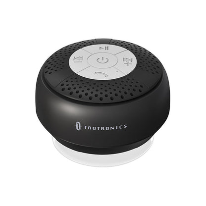 Black TaoTronics shower speaker on a white background