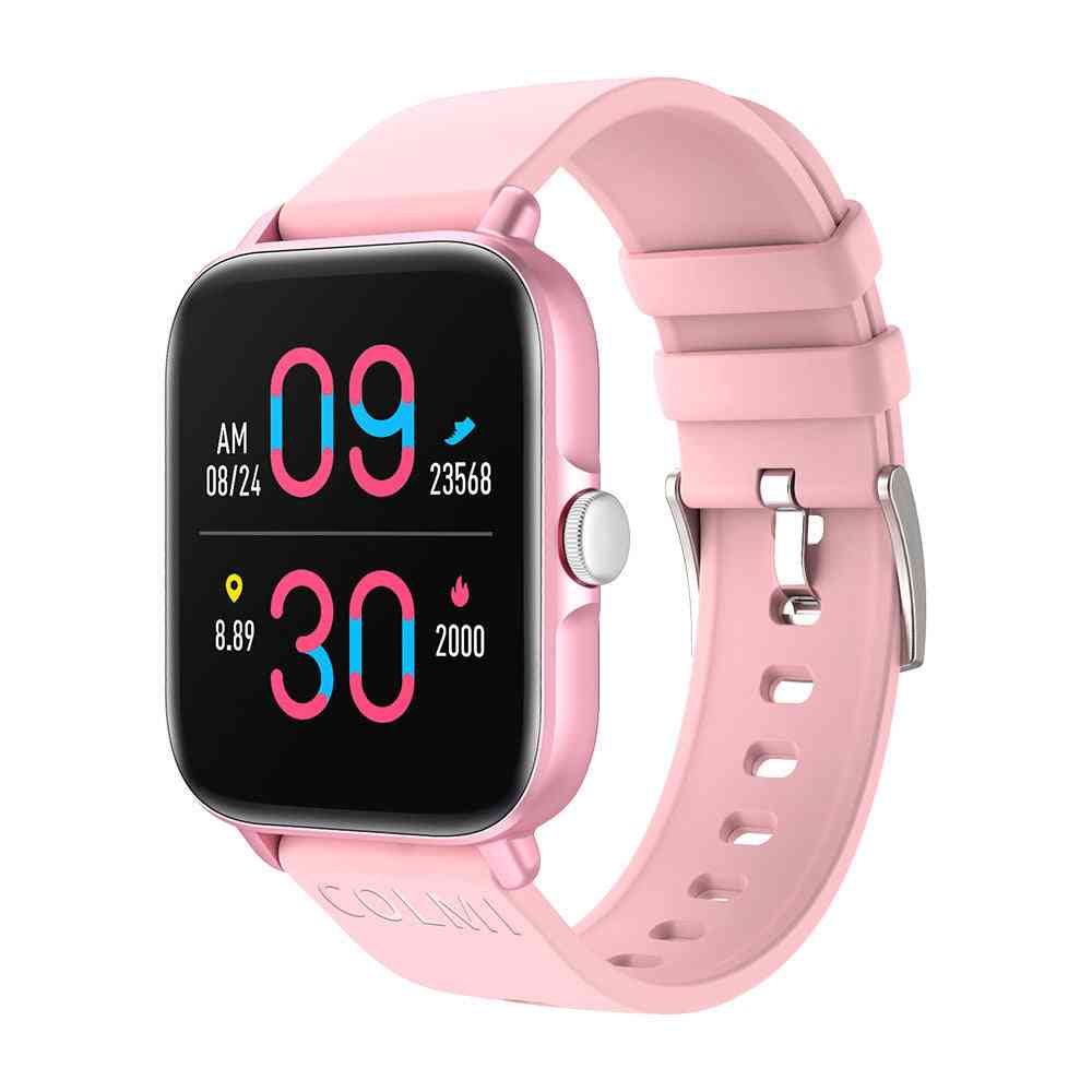 Pink smartwatch with a black screen displaying time and fitness metrics on a white background