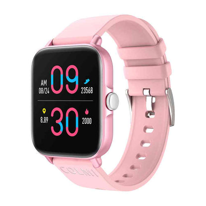 Pink smartwatch with a black screen displaying time and fitness metrics on a white background