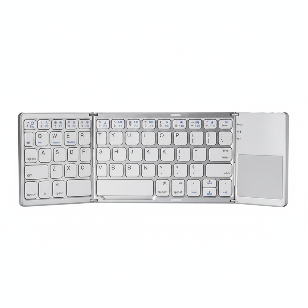 A silver, foldable wireless keyboard with white keys and a built-in trackpad on the right side, shown against a plain white background.