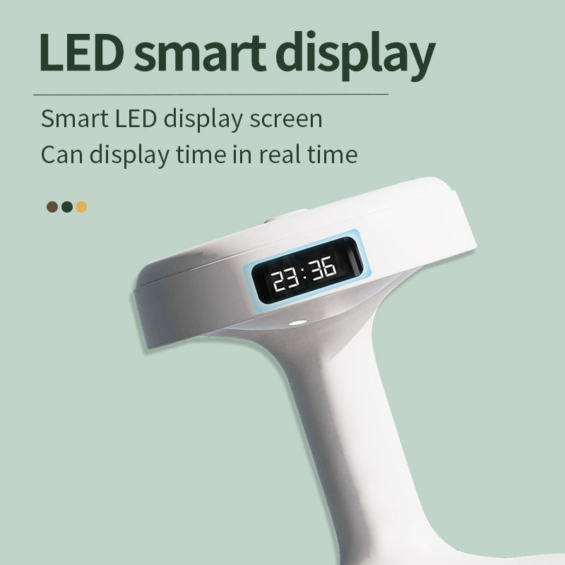 White LED smart display with digital time display on a light green background