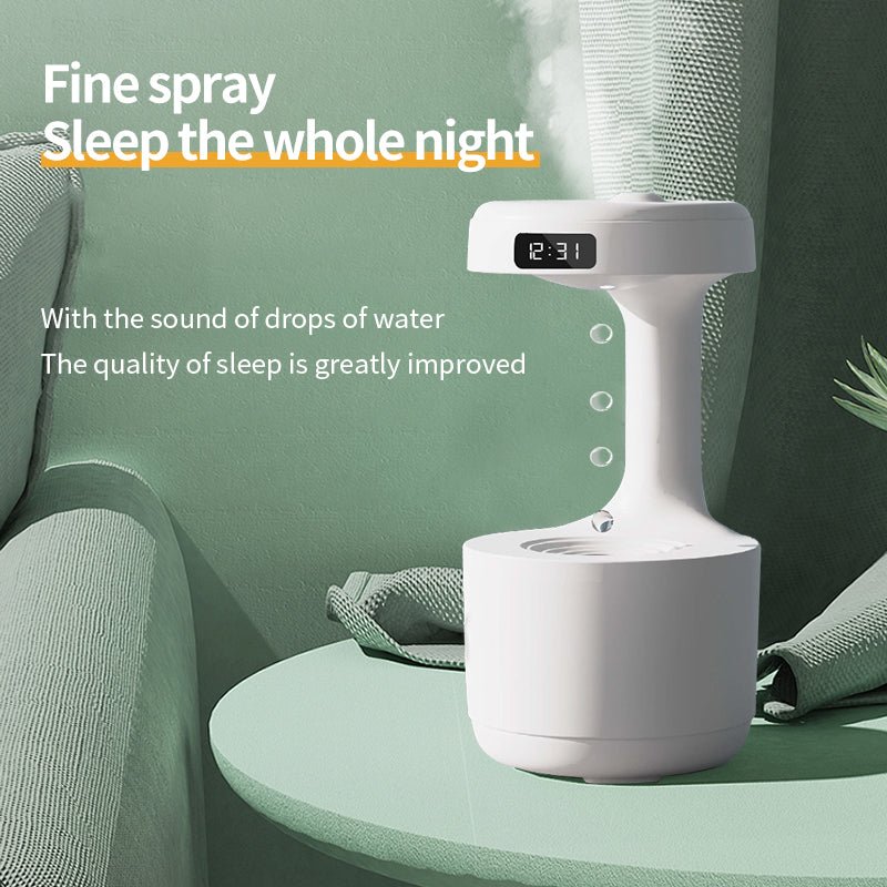 White humidifier on a green table with text about its benefits