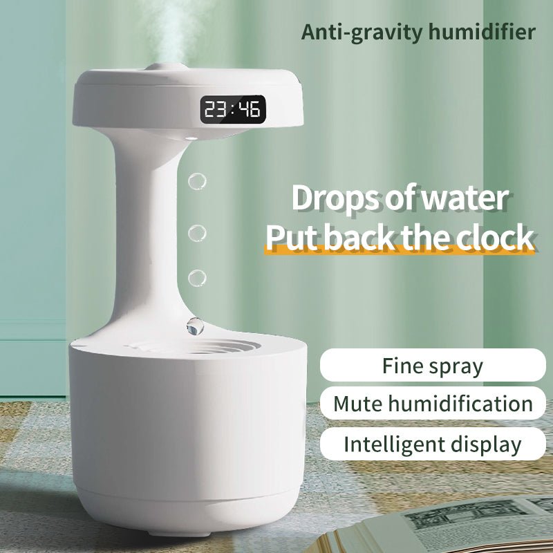 Anti-gravity humidifier with digital display on a light green background