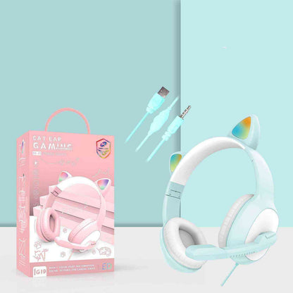 Cat ear gaming headset with packaging and cable on a light blue background