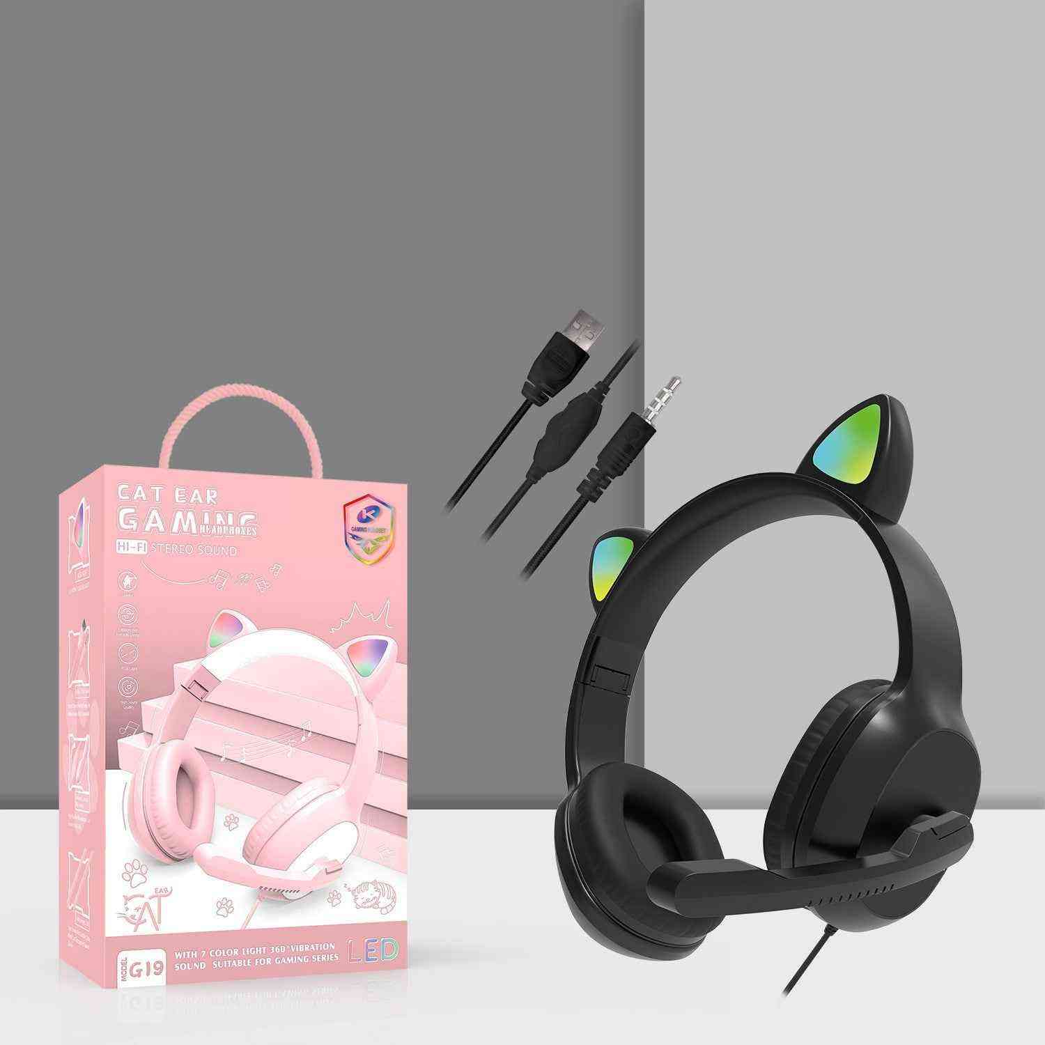 Black cat ear gaming headset with colorful lights, packaging, and cables on a gray background