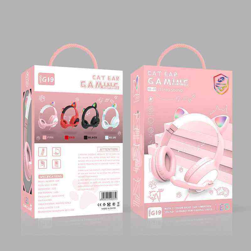 Pink gaming headset packaging with cat ear design on a gray background