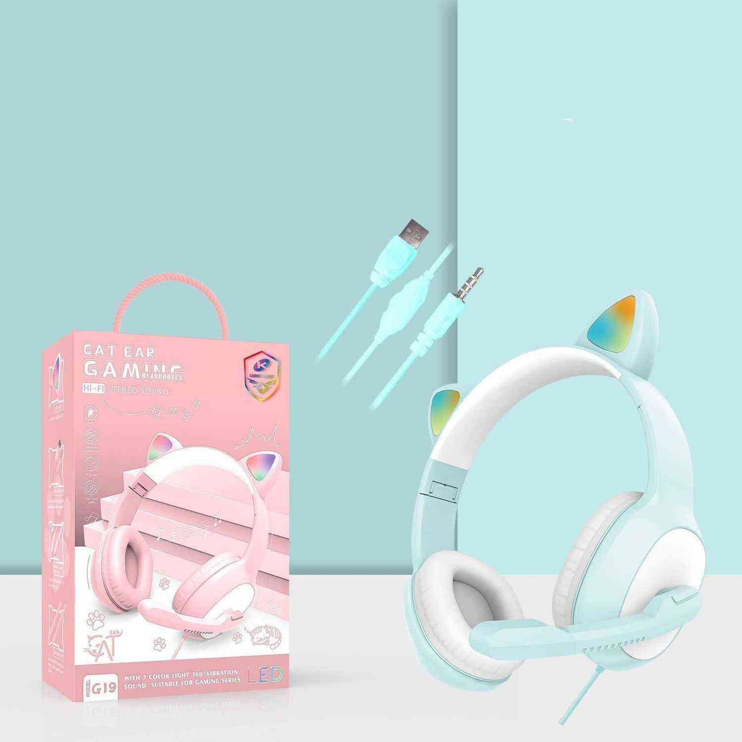 Cat ear gaming headset with packaging and cable on a light blue background