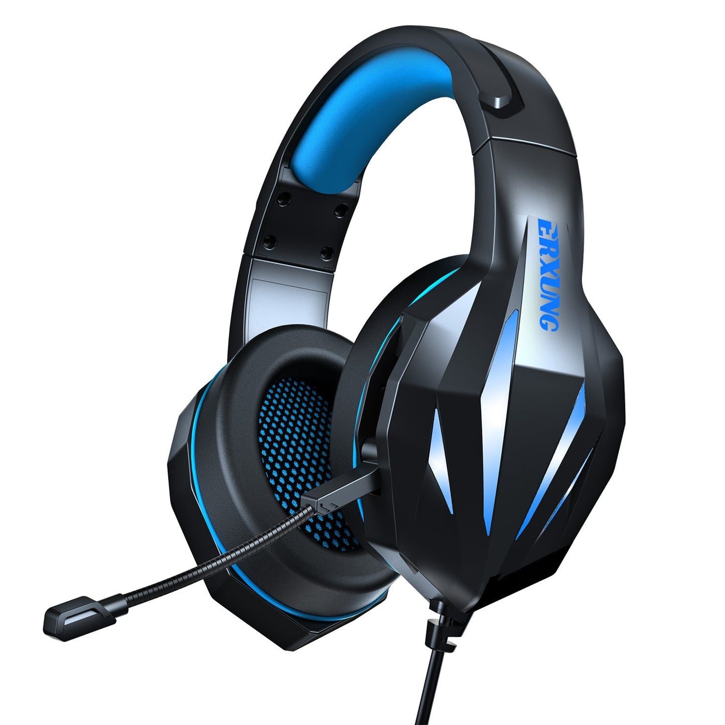 Black and blue gaming headset with a microphone on a white background