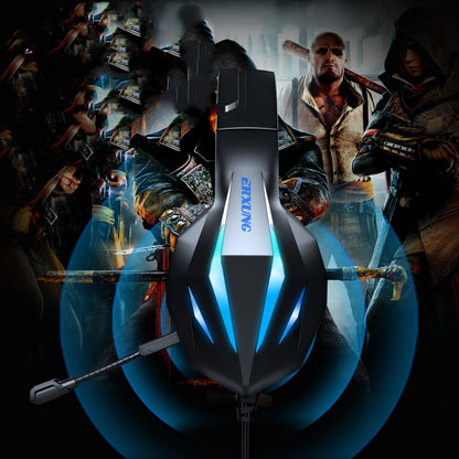 Gaming mouse with Exustar branding on a dark background with action movie scenes.