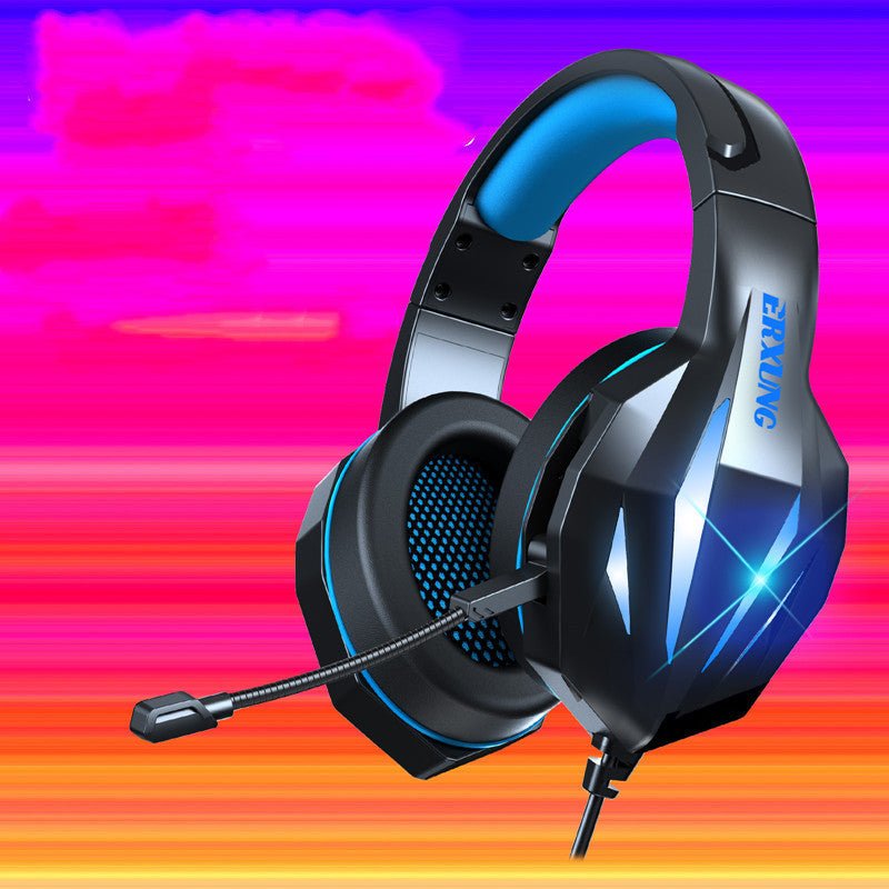 Black gaming headset with blue accents on a colorful background