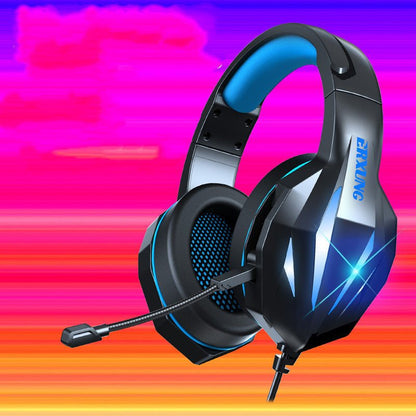 Black gaming headset with blue accents on a colorful background