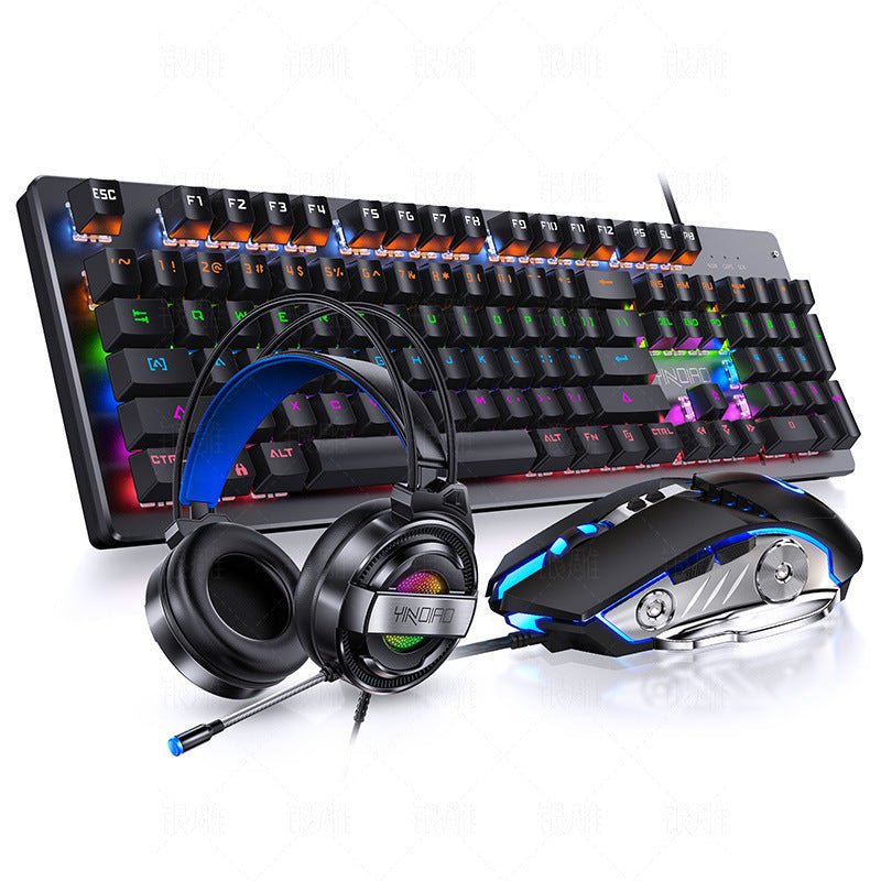 Gaming keyboard, headset, and mouse on a white background